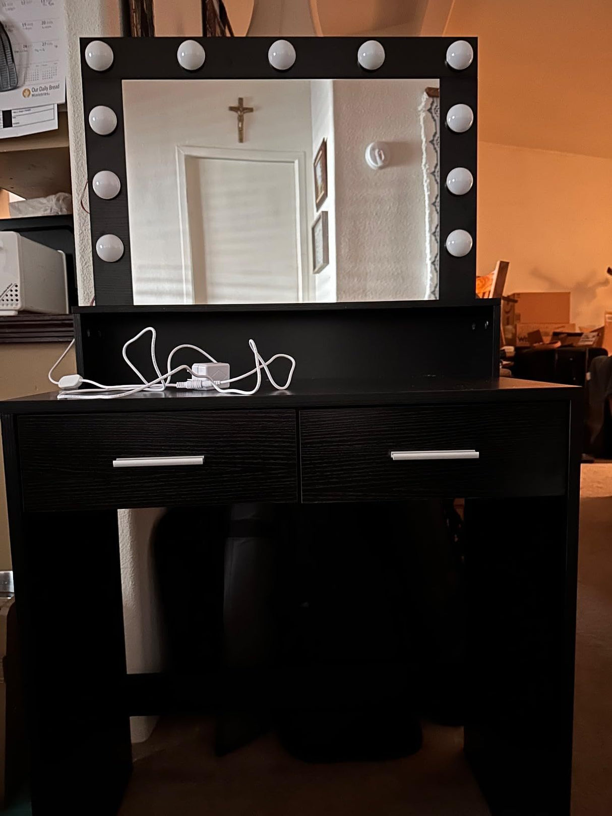 Vanity Desk with Mirror and Lights, Dressing Table with Large Drawer, 2 Level Storage Dresser & 3 Lighting Modes Adjustable Brightness, Suitable for Bedroom(Black)