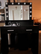 Vanity Desk with Mirror and Lights, Dressing Table with Large Drawer, 2 Level Storage Dresser & 3 Lighting Modes Adjustable Brightness, Suitable for Bedroom(Black)