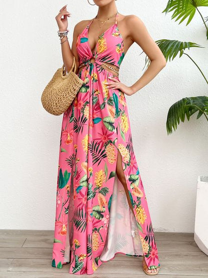 Printed Backless Side Slit Halter Dress H6VE68KF2K