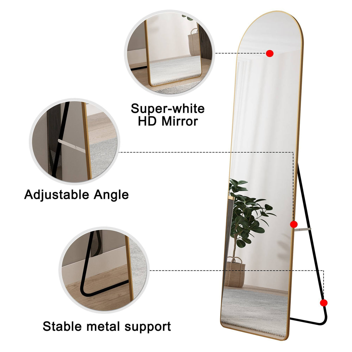 The third generation floor mounted full length rearview mirror. Aluminum alloy metal frame arched wall mirror, bathroom makeup mirror, clothing store, wall mounted. Gold 60 "*16.5"W115158172