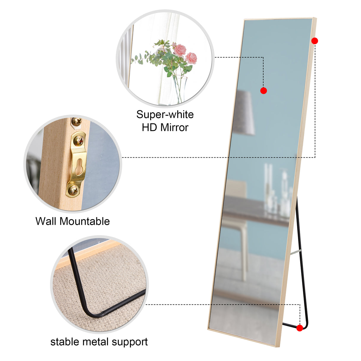 The3rd generation packaging upgrade includes a light oak solid wood frame full length mirror, dressing mirror, bedroom entrance, decorative mirror, clothing store, and floor mounted mirror. 60" *17.3"