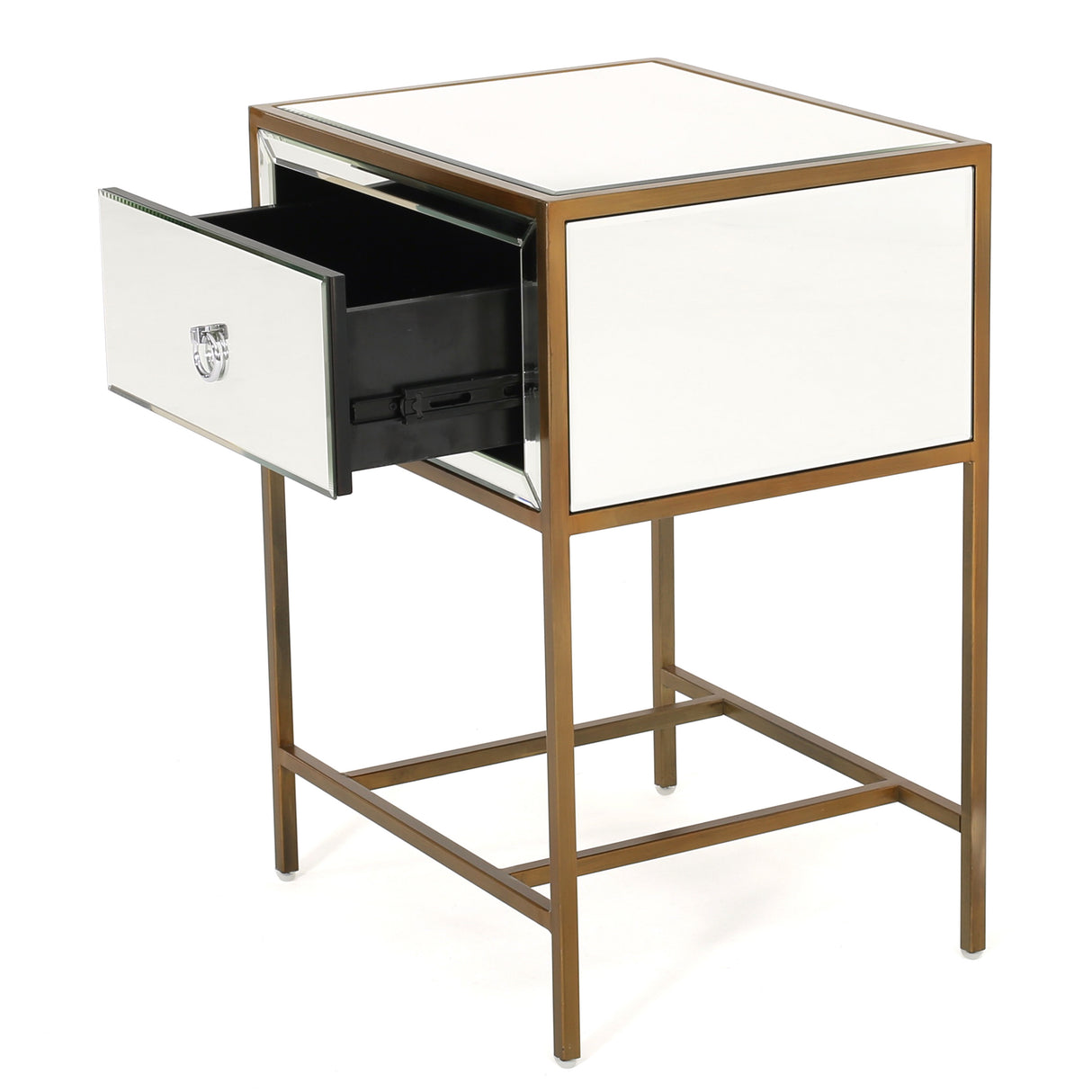 White  Mirrored Nightstand with 1 Drawer, Small End Side Table with Storage, Modern Bedside Bed Table with Metal Frame for Small Space, Bedroom and Living Room, White,  18.90"L x 15.75"W x 26.40"H