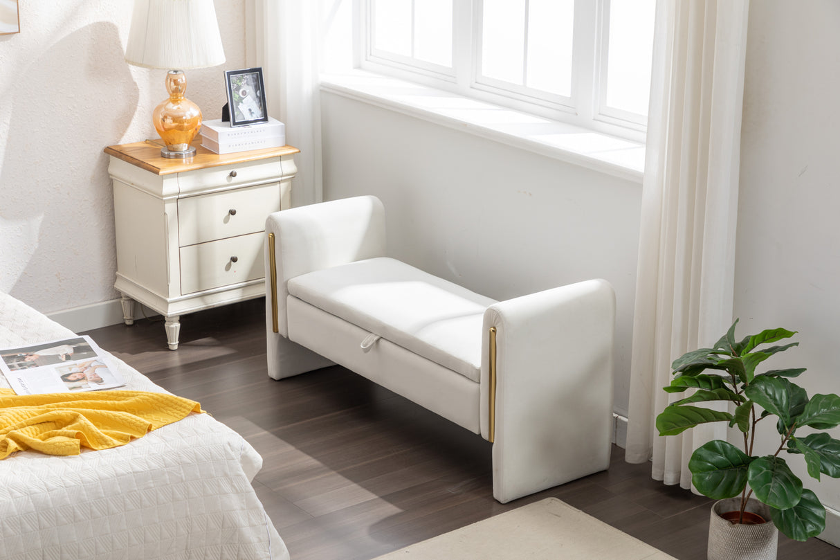 Velvet Fabric Storage Bench Bedroom Bench With Gold Metal Trim Strip
