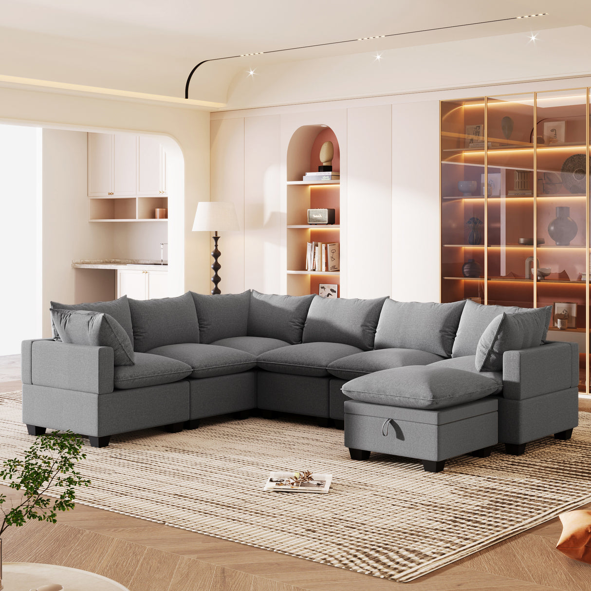 [VIDEO provided][New] 120*93" Modern U Shape Modular Sofa with Storage Ottoman,Luxury 7 Seat Sectional Couch Set with 2 Pillows Included,Freely Combinable Indoor Funiture for Living Room, Apartment