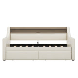 Twin Size Daybed with Storage Drawers, Upholstered Daybed with Charging Station and LED Lights, Beige (Expect arrive date: Jun.,20th.)