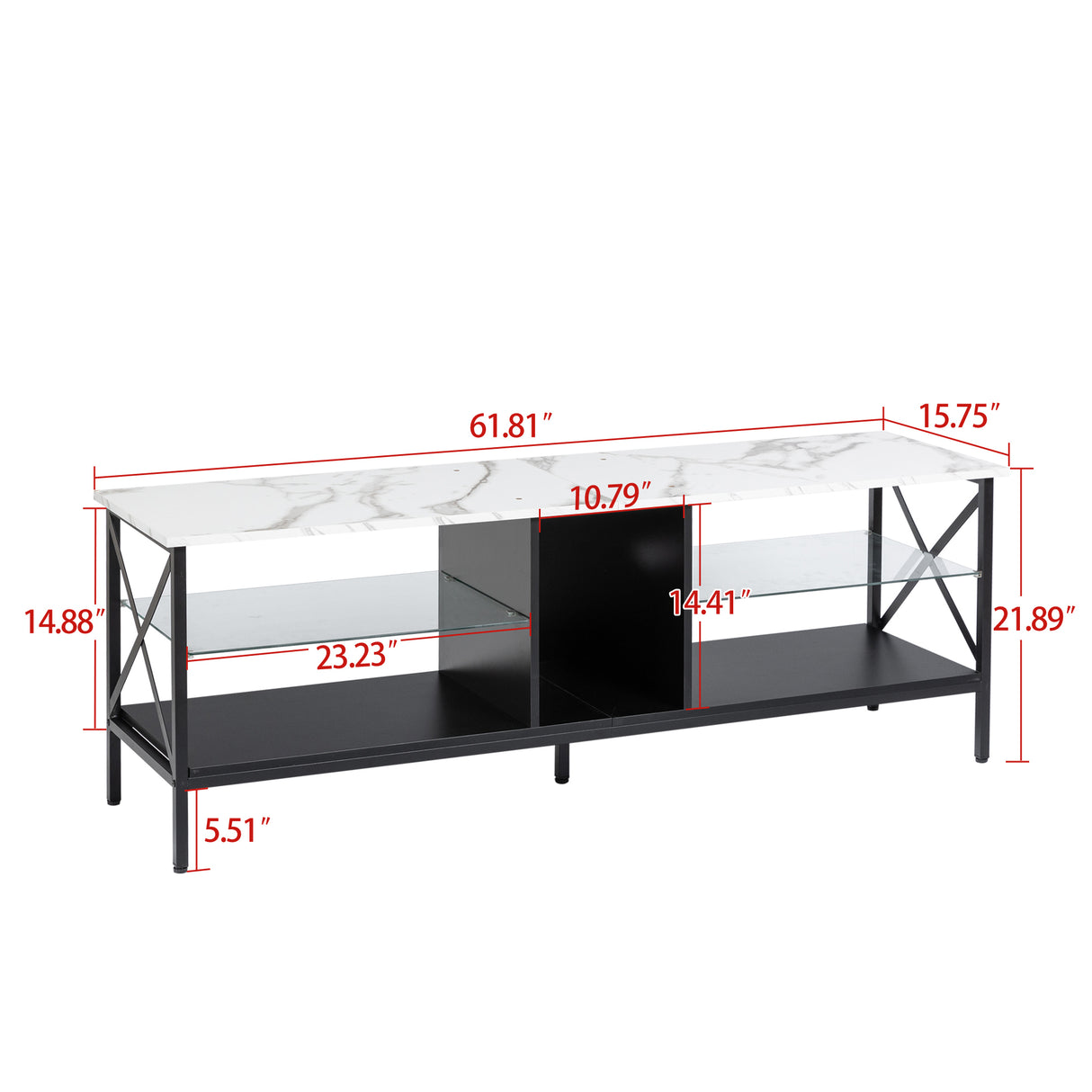 TV stand,Iron TV cabinet,entertainment center, TV set, media console, with LED lights, remote control,toughened glass stand,can be placed in the living room, bedroom, color:white with marble texture