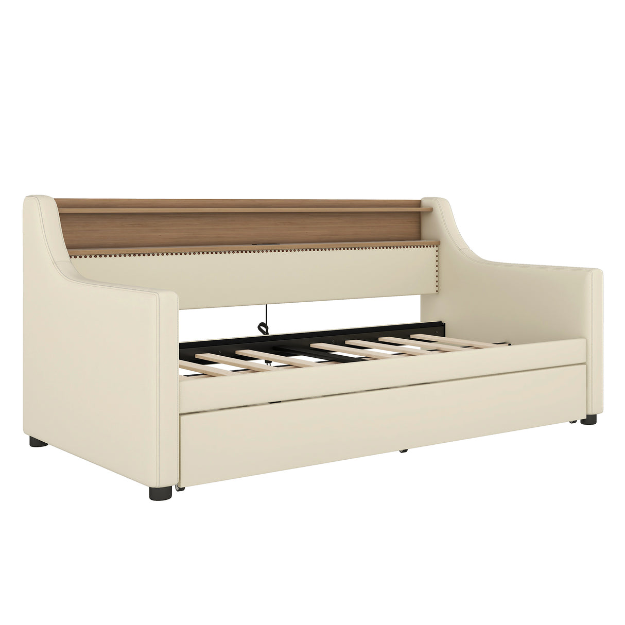 Twin Size Daybed with Trundle, Upholstered Daybed with Charging Station and LED Lights, Beige (Expect arrive date:May 20th.)