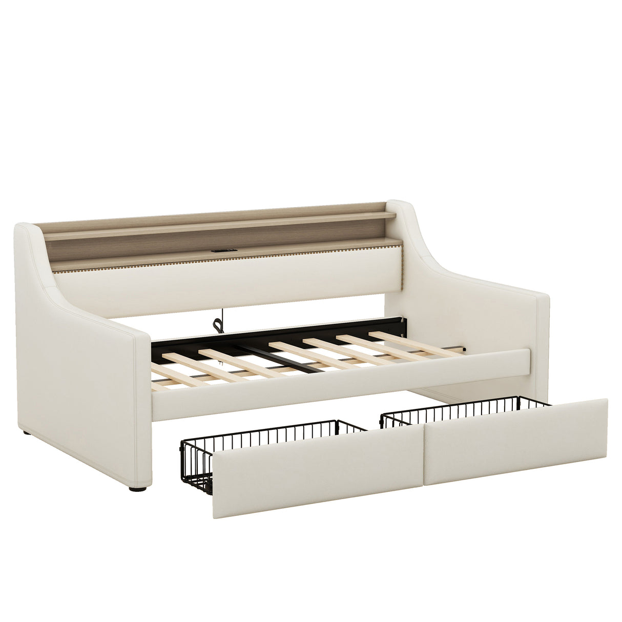 Twin Size Daybed with Storage Drawers, Upholstered Daybed with Charging Station and LED Lights, Beige (Expect arrive date: Jun.,20th.)