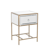 White  Mirrored Nightstand with 1 Drawer, Small End Side Table with Storage, Modern Bedside Bed Table with Metal Frame for Small Space, Bedroom and Living Room, White,  18.90"L x 15.75"W x 26.40"H