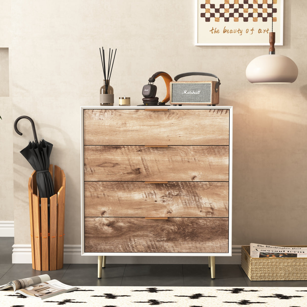 Wooden Tall 4 Drawer Dresser,Chest of Drawers with 4 Metal Legs, Anti-Tipping Device for Bedroom,Living Room
