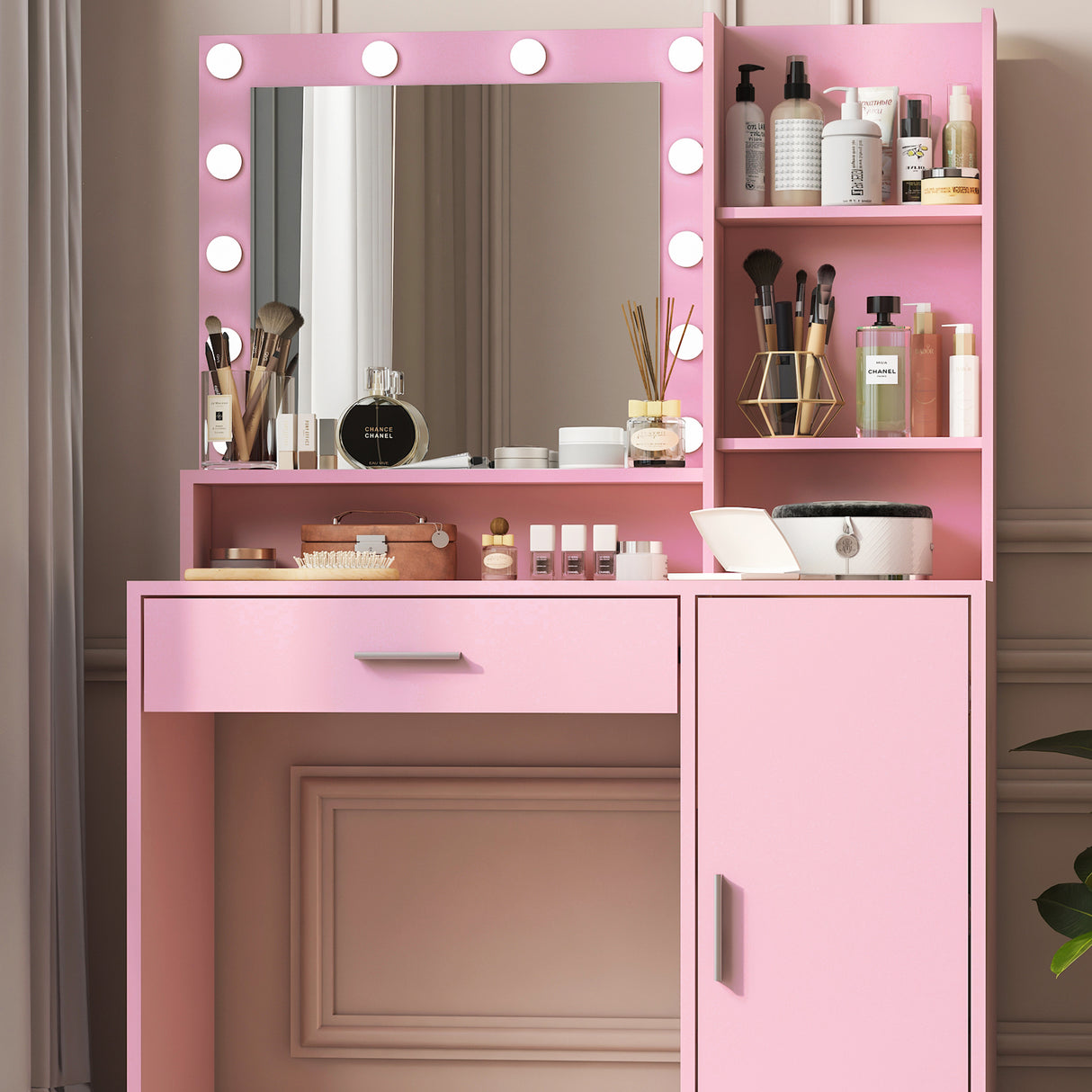 Vanity Desk with Mirror & Light, Large Drawer Three Level Storage Dresser, 3 Lighting Modes Adjustable Brightness, Bedroom Dressing Table (Pink)