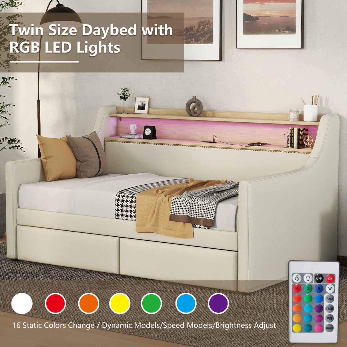Twin Size Daybed with Storage Drawers, Upholstered Daybed with Charging Station and LED Lights, Beige (Expect arrive date: Jun.,20th.)
