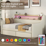 Twin Size Daybed with Storage Drawers, Upholstered Daybed with Charging Station and LED Lights, Beige (Expect arrive date: Jun.,20th.)
