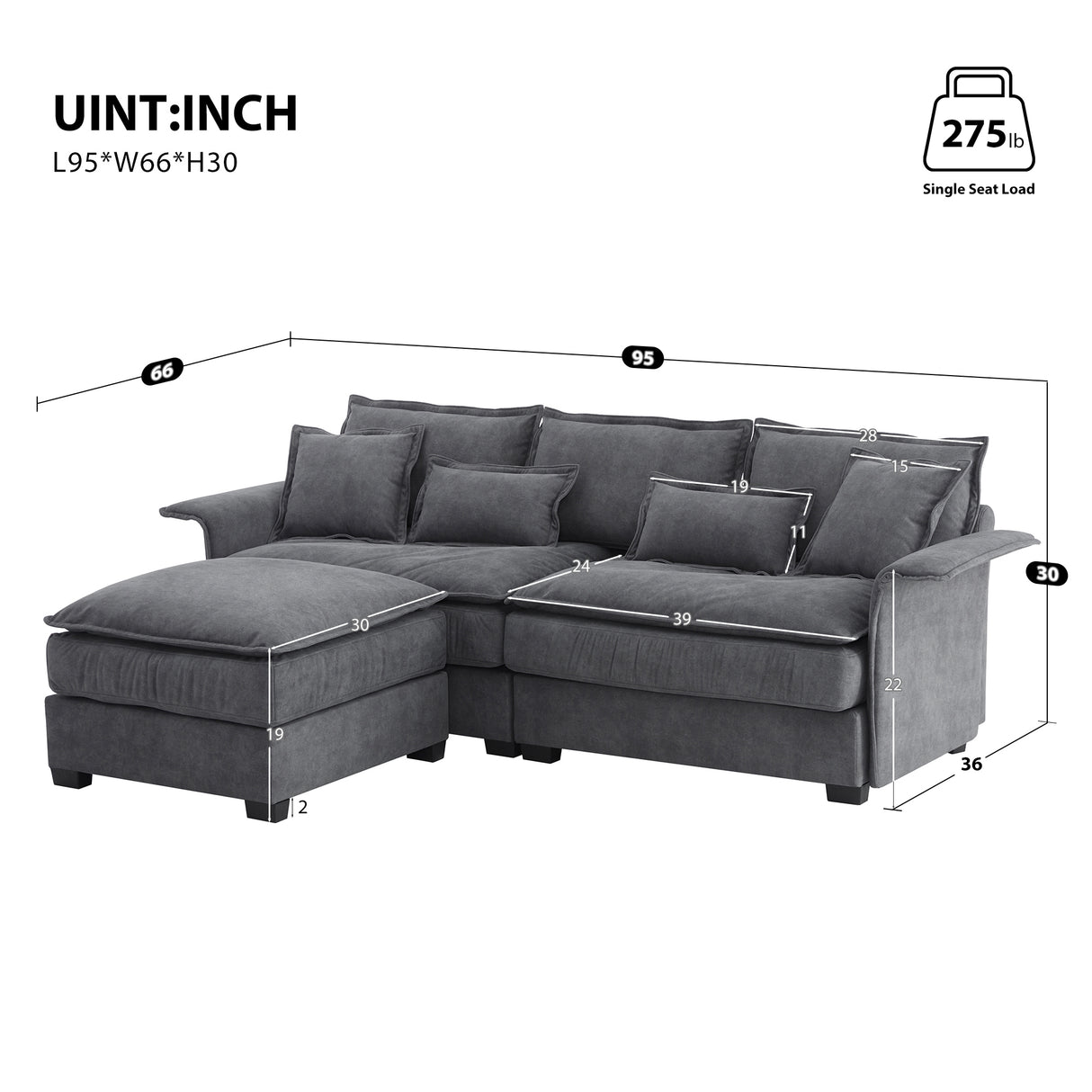 [VIDEO provided][New]95*66"Oversized Luxury Sectional Sofa with Bentwood Armrests,4 seat Upholstered Indoor Furniture with Double Cushions,L Shape Couch with Ottoman for Living Room,Apartment,3 Colors