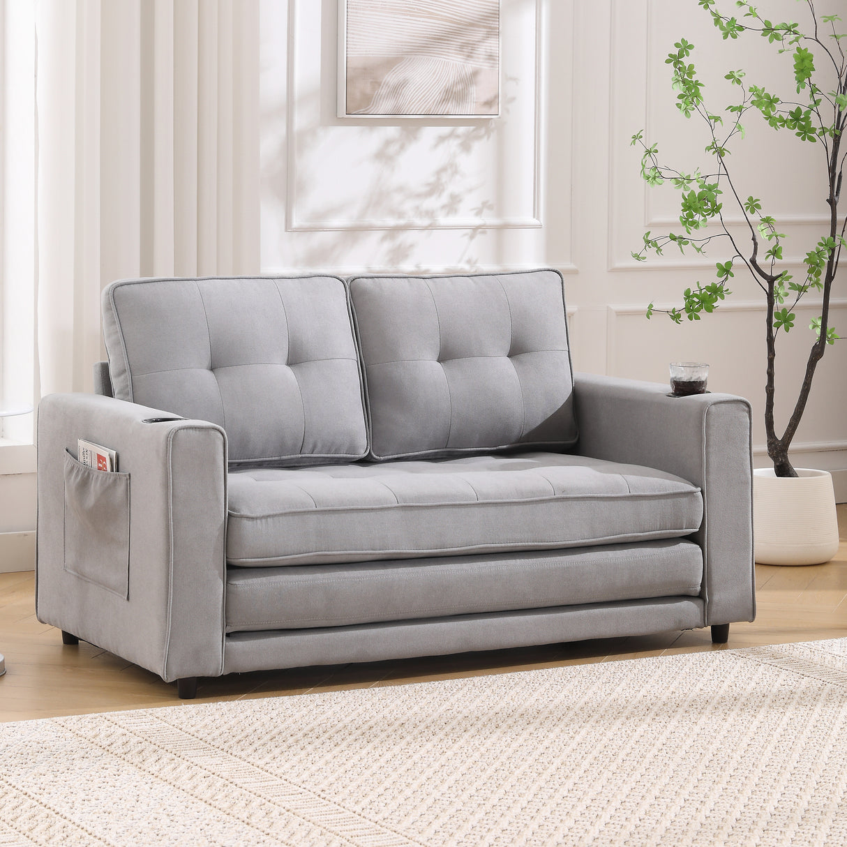 {VIDEO Provided}3-in-1 Upholstered Futon Sofa Convertible Sofa bed,Foldable Tufted Loveseat with Pull Out Sleeper Couch Bed,Folding Mattres Love Seat Daybed W/Side Pockets and Cup Holder, Light Gray