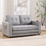 {VIDEO Provided}3-in-1 Upholstered Futon Sofa Convertible Sofa bed,Foldable Tufted Loveseat with Pull Out Sleeper Couch Bed,Folding Mattres Love Seat Daybed W/Side Pockets and Cup Holder, Light Gray