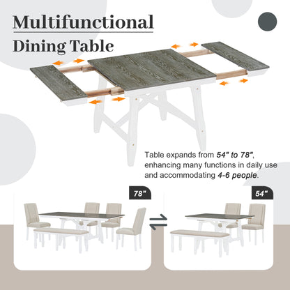 TREXM 6-Piece Classic Dining Table Set, Rectangular Extendable Dining Table with two 12"W Removable Leaves and 4 Upholstered Chairs & 1 Bench for Dining Room (Brown+White)