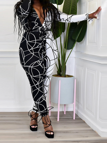 Printing Patchwork V-neck Long Sleeve Slim Women's Jumpsuit