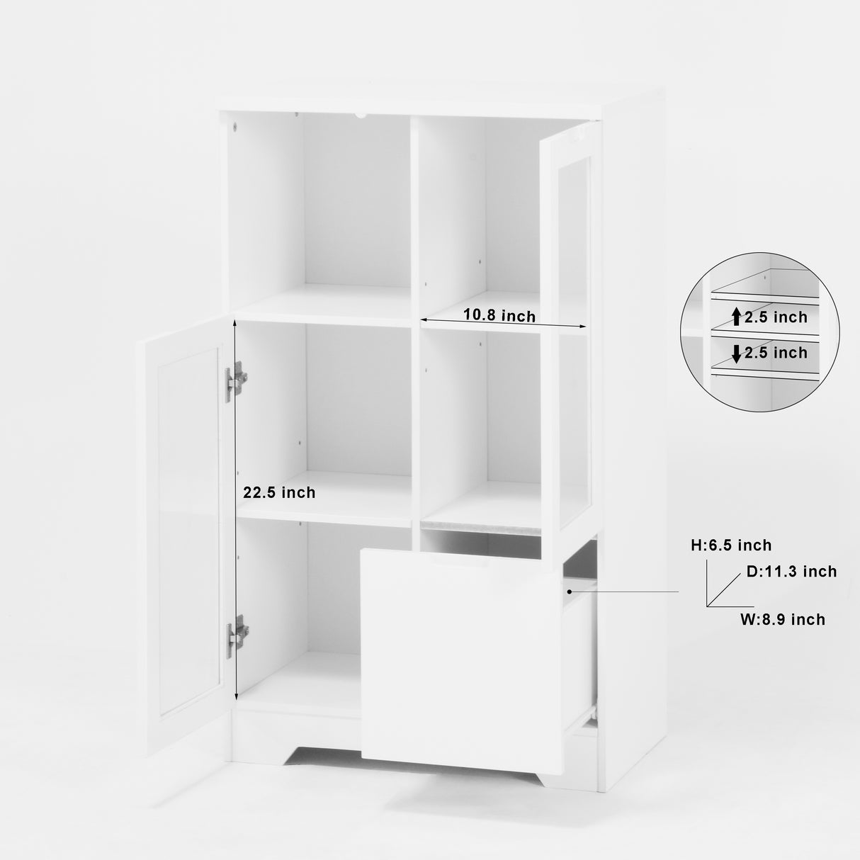 Wooden Floor Cabinet with 2 Glass Doors and 2 Storage Space,White ,Living Room Bathroom Entryway White