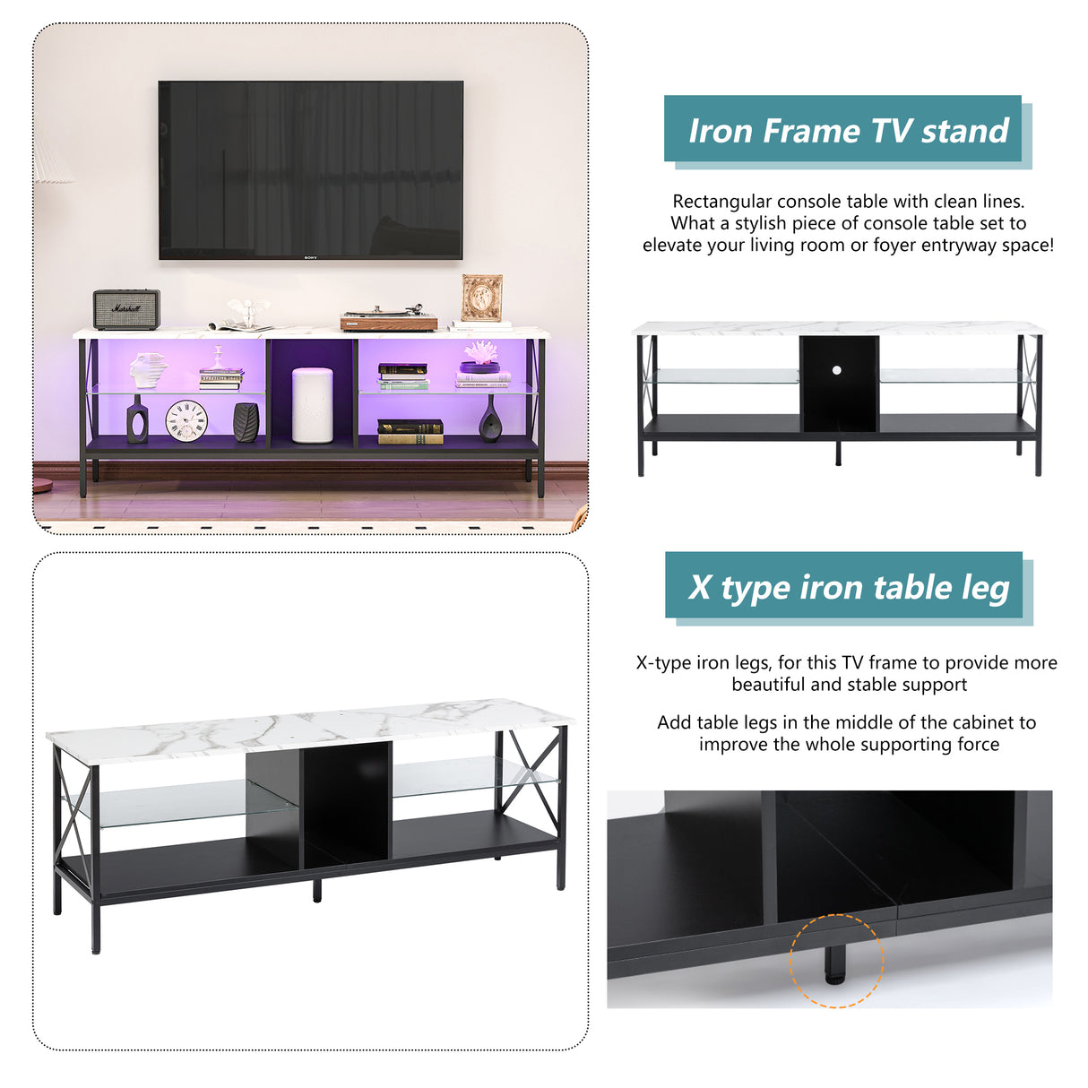 TV stand,Iron TV cabinet,entertainment center, TV set, media console, with LED lights, remote control,toughened glass stand,can be placed in the living room, bedroom, color:white with marble texture