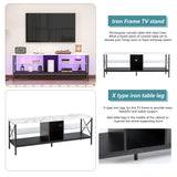 TV stand,Iron TV cabinet,entertainment center, TV set, media console, with LED lights, remote control,toughened glass stand,can be placed in the living room, bedroom, color:white with marble texture