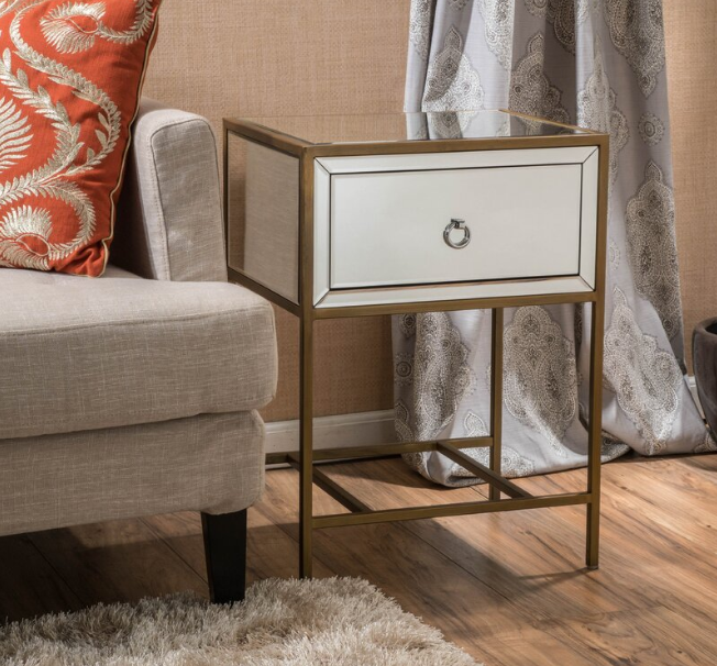 White  Mirrored Nightstand with 1 Drawer, Small End Side Table with Storage, Modern Bedside Bed Table with Metal Frame for Small Space, Bedroom and Living Room, White,  18.90"L x 15.75"W x 26.40"H