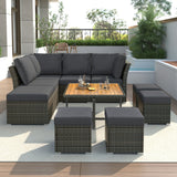 U_STYLE Patio Furniture Set, 10 Piece Outdoor Conversation Set, CoffeeTable with Ottomans, Solid wood coffee table