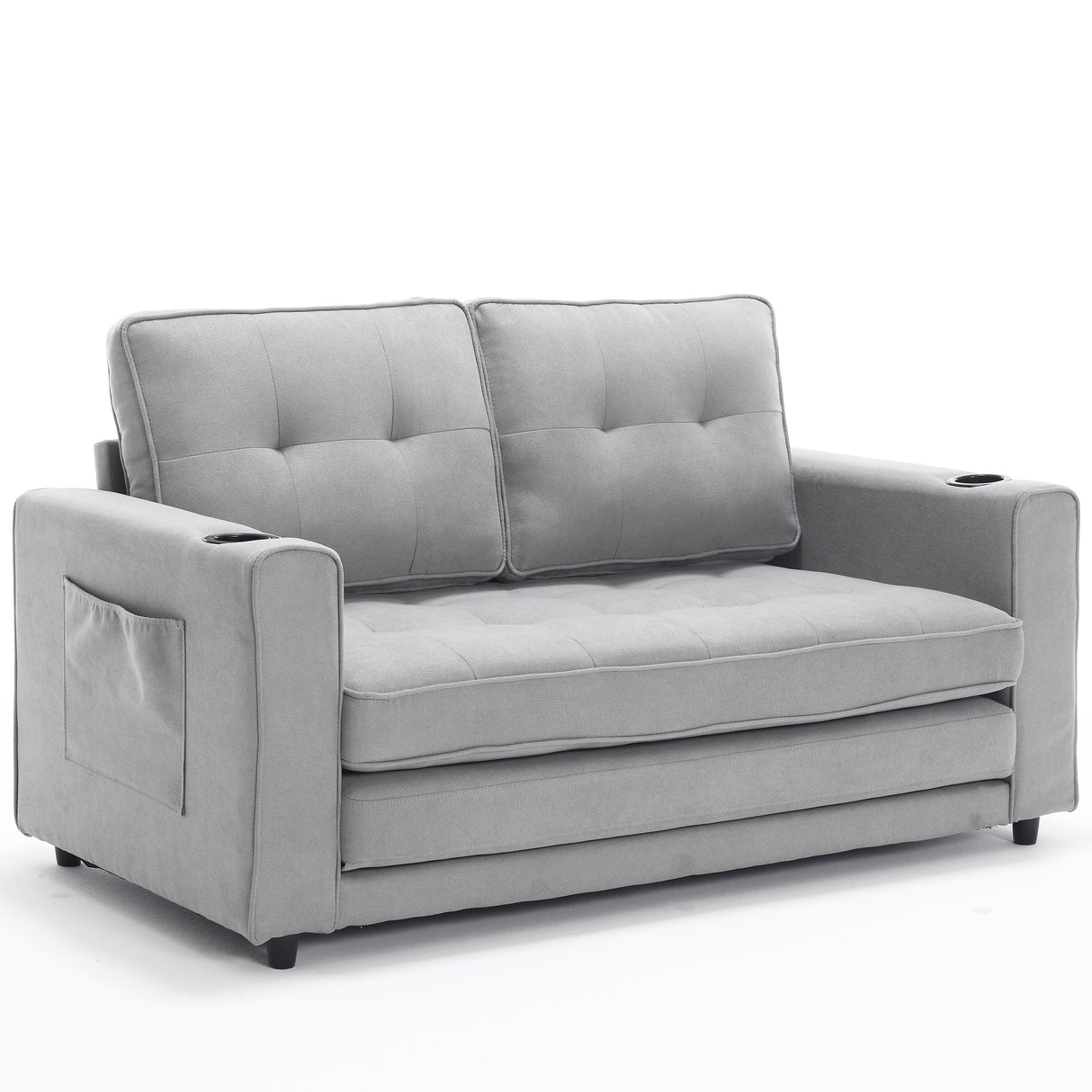 {VIDEO Provided}3-in-1 Upholstered Futon Sofa Convertible Sofa bed,Foldable Tufted Loveseat with Pull Out Sleeper Couch Bed,Folding Mattres Love Seat Daybed W/Side Pockets and Cup Holder, Light Gray