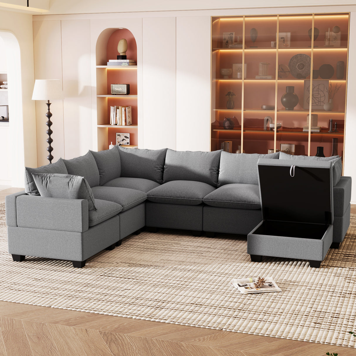 [VIDEO provided][New] 120*93" Modern U Shape Modular Sofa with Storage Ottoman,Luxury 7 Seat Sectional Couch Set with 2 Pillows Included,Freely Combinable Indoor Funiture for Living Room, Apartment