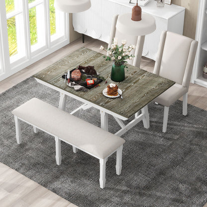 TREXM 6-Piece Classic Dining Table Set, Rectangular Extendable Dining Table with two 12"W Removable Leaves and 4 Upholstered Chairs & 1 Bench for Dining Room (Brown+White)