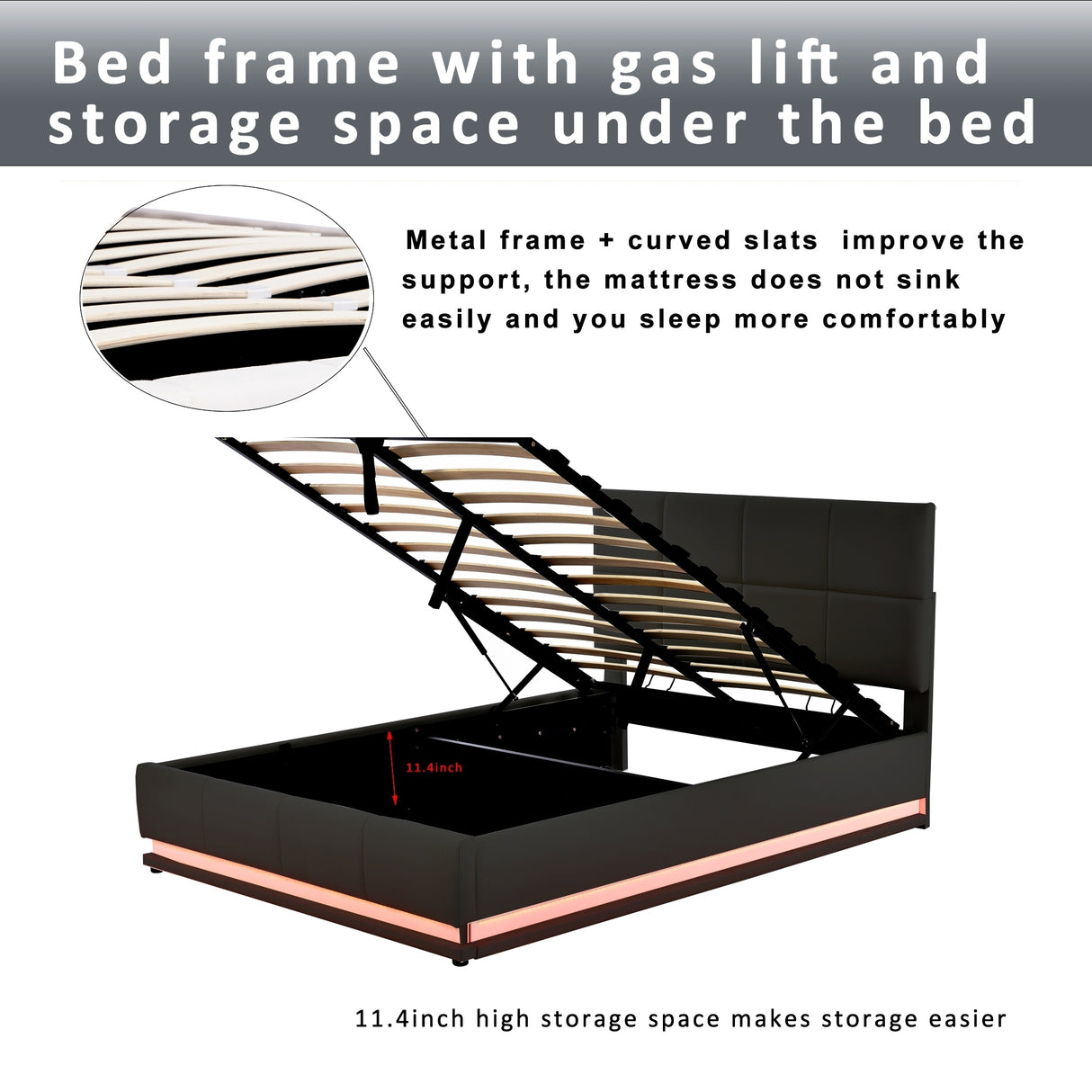 Tufted Upholstered Platform Bed with Hydraulic Storage System,Queen Size PU Storage Bed with LED Lights and USB charger, Black