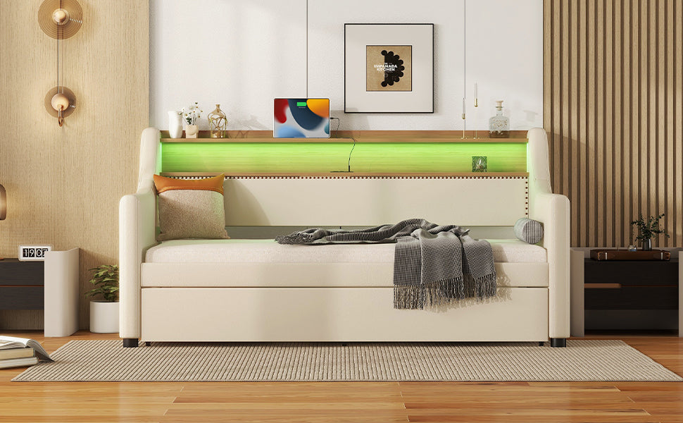 Twin Size Daybed with Trundle, Upholstered Daybed with Charging Station and LED Lights, Beige (Expect arrive date:May 20th.)