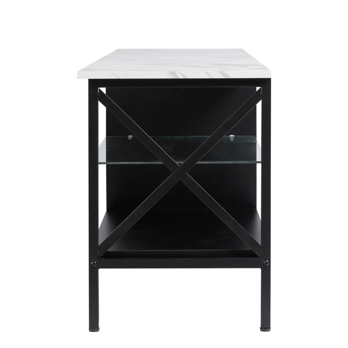 TV stand,Iron TV cabinet,entertainment center, TV set, media console, with LED lights, remote control,toughened glass stand,can be placed in the living room, bedroom, color:white with marble texture