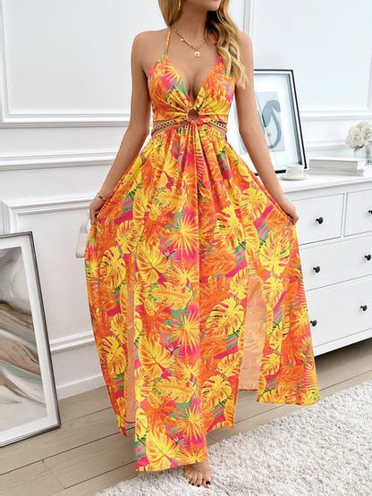 Printed Backless Side Slit Halter Dress H6VE68KF2K