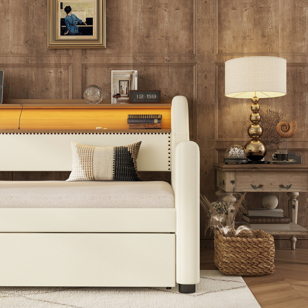 Twin Size Daybed with Trundle, Upholstered Daybed with Charging Station and LED Lights, White (Expect arrive date:May 20th. )