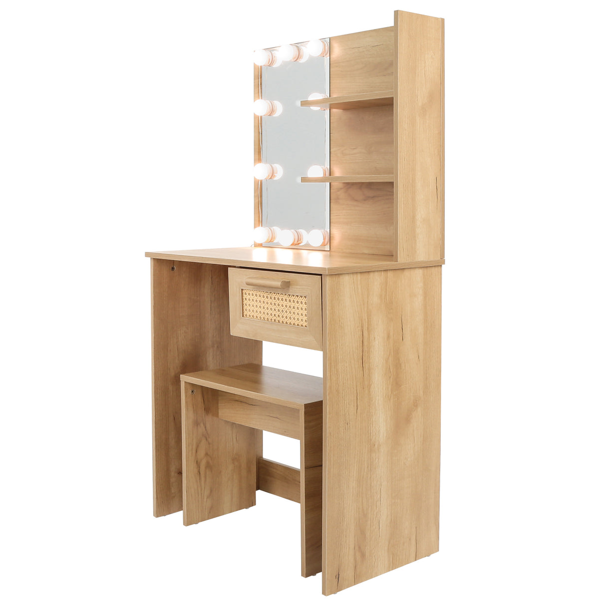 Vanity Desk Set Stool & Dressing Table with LED Lighting Mirror Drawer and Compartments Modern Wood Cosmetic Table Chest of Drawers Nature Color