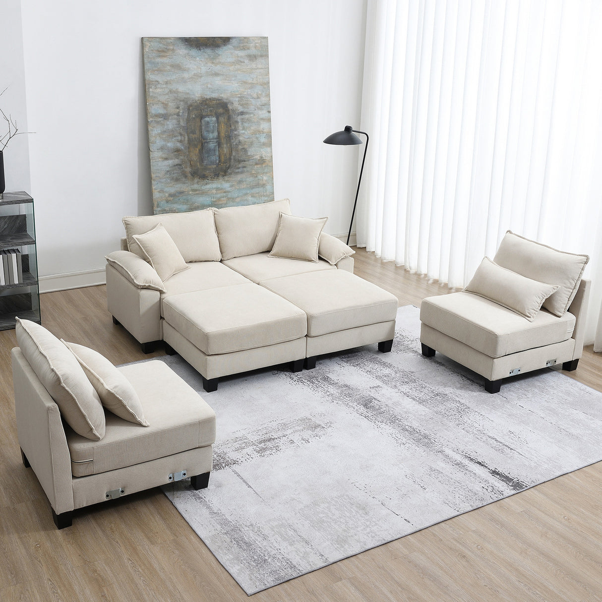 [New]Wide Seat Corduroy Modular Sectional Sofa Bed, Sleeper Couch Set with Armrest Pillow,6 Seat Free Combination Sofa with Ottomans, Oversized Indoor Furniture for Living Room, 2 Colors