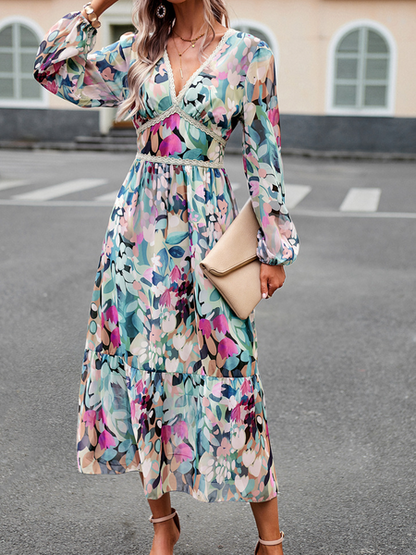Casual Printed V-Neck Long Sleeve Dress HW58R5W524