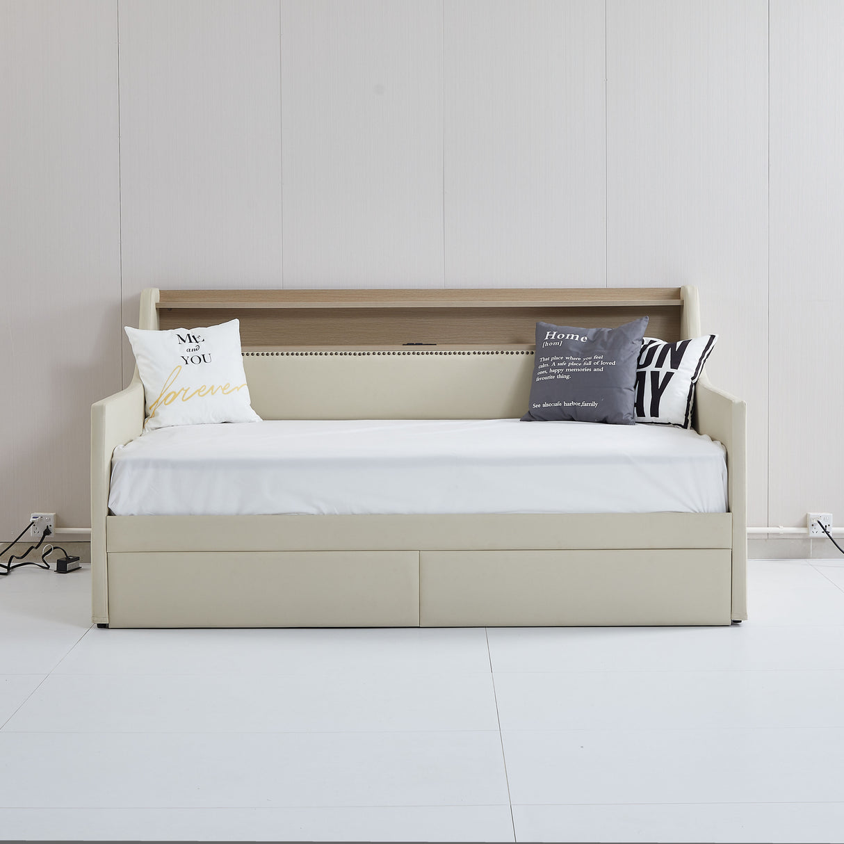 Twin Size Daybed with Storage Drawers, Upholstered Daybed with Charging Station and LED Lights, Beige (Expect arrive date: Jun.,20th.)