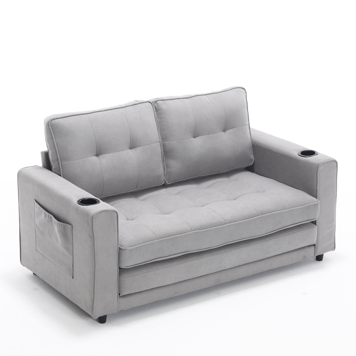 {VIDEO Provided}3-in-1 Upholstered Futon Sofa Convertible Sofa bed,Foldable Tufted Loveseat with Pull Out Sleeper Couch Bed,Folding Mattres Love Seat Daybed W/Side Pockets and Cup Holder, Light Gray