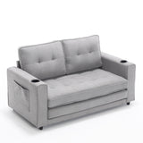 {VIDEO Provided}3-in-1 Upholstered Futon Sofa Convertible Sofa bed,Foldable Tufted Loveseat with Pull Out Sleeper Couch Bed,Folding Mattres Love Seat Daybed W/Side Pockets and Cup Holder, Light Gray