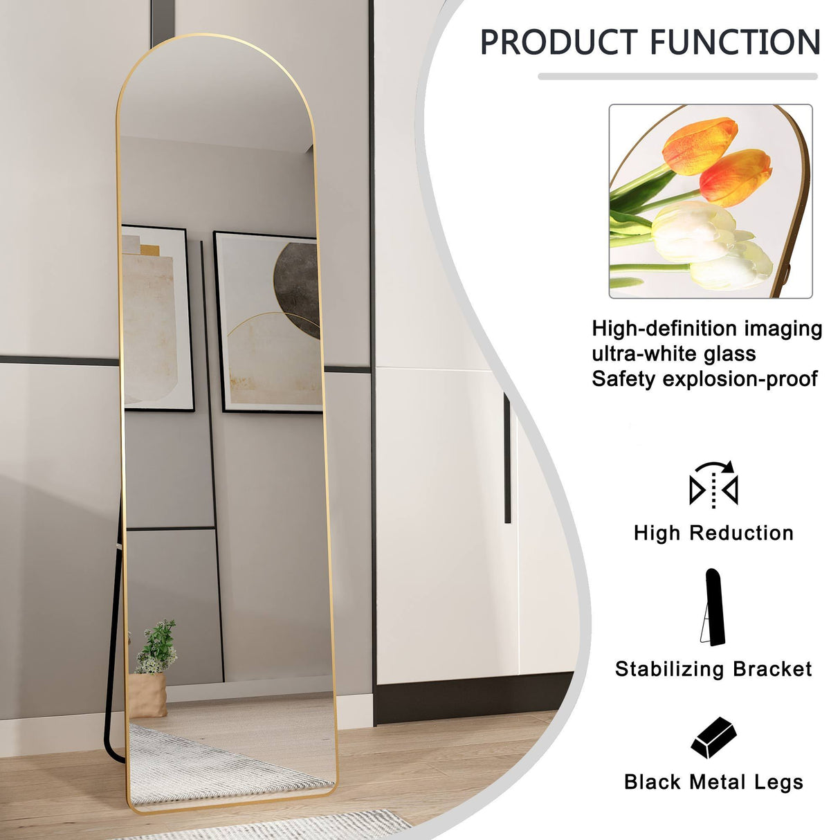 The third generation floor mounted full length rearview mirror. Aluminum alloy metal frame arched wall mirror, bathroom makeup mirror, clothing store, wall mounted. Gold 60 "*16.5"W115158172