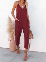 Solid Color V-Neck Pocket Jumpsuit