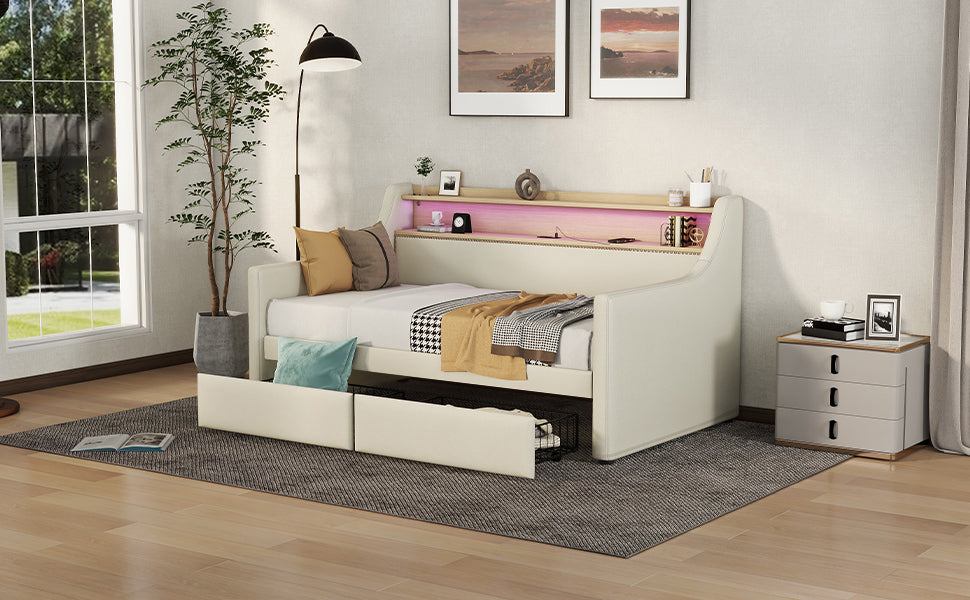 Twin Size Daybed with Storage Drawers, Upholstered Daybed with Charging Station and LED Lights, Beige (Expect arrive date: Jun.,20th.)