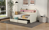 Twin Size Daybed with Storage Drawers, Upholstered Daybed with Charging Station and LED Lights, Beige (Expect arrive date: Jun.,20th.)