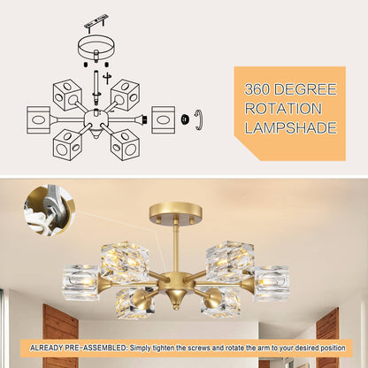 Modern Luxurious  Crystal Ceiling Light, 6 Lights (G9  Bulb) Modern Crystal Ceiling Light for Dining Room, Pendant Lamp Ceiling Lighting for Living Bedroom Hall Balcony --Matte Gold
