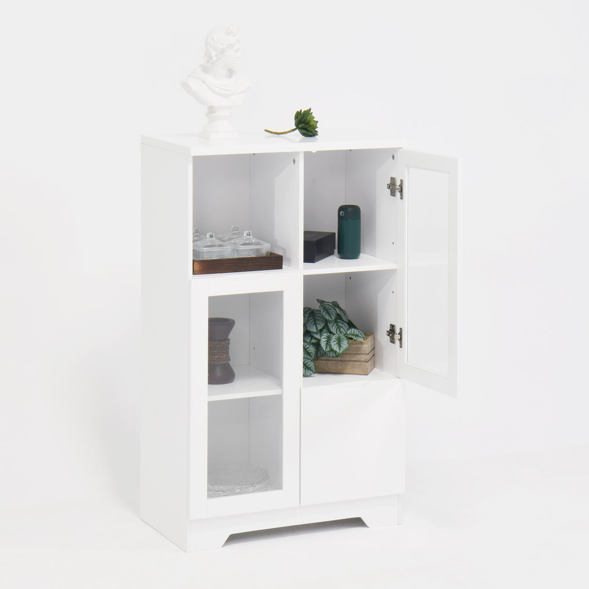 Wooden Floor Cabinet with 2 Glass Doors and 2 Storage Space,White ,Living Room Bathroom Entryway White