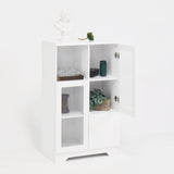 Wooden Floor Cabinet with 2 Glass Doors and 2 Storage Space,White ,Living Room Bathroom Entryway White