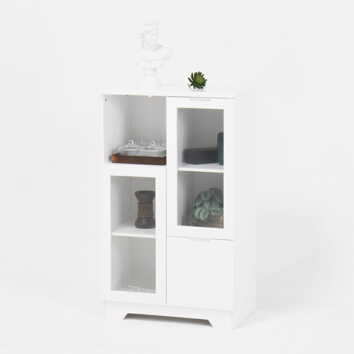 Wooden Floor Cabinet with 2 Glass Doors and 2 Storage Space,White ,Living Room Bathroom Entryway White