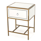 White  Mirrored Nightstand with 1 Drawer, Small End Side Table with Storage, Modern Bedside Bed Table with Metal Frame for Small Space, Bedroom and Living Room, White,  18.90"L x 15.75"W x 26.40"H